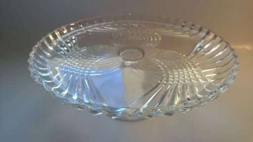 Vintage Heavy Clear Glass Pedestal Cake Stand Ornate  Pressed Glass