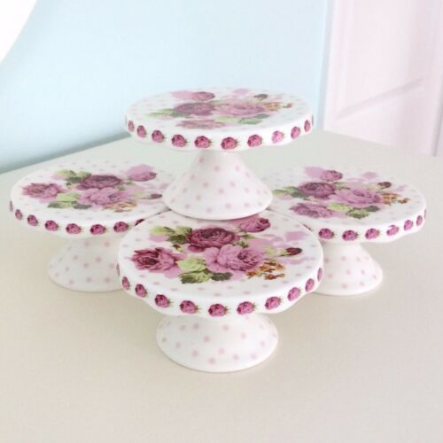 Grace Tea Ware Cupcake Stand Mini Dessert Set of 4 Pink Floral Roses Polka Dots