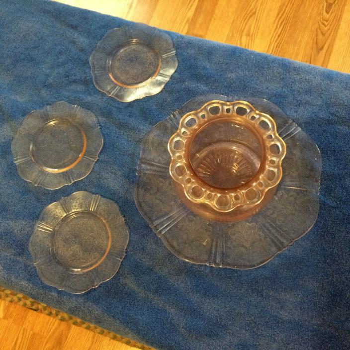 vintage depression glass =cake plate with 3 small plates & cookie jar.