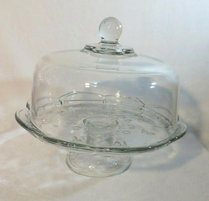VINTAGE PRESSED GLASS PEDESTAL CAKE STAND WITH DOME COVER