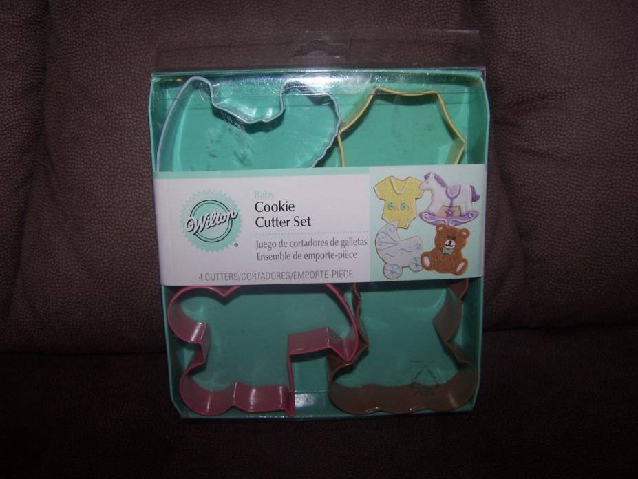 WILTON METAL 4pc BABY COOKIE CUTTER SET/ BUGGY,TEDDY BEAR,SHIRT/HORSE NIB