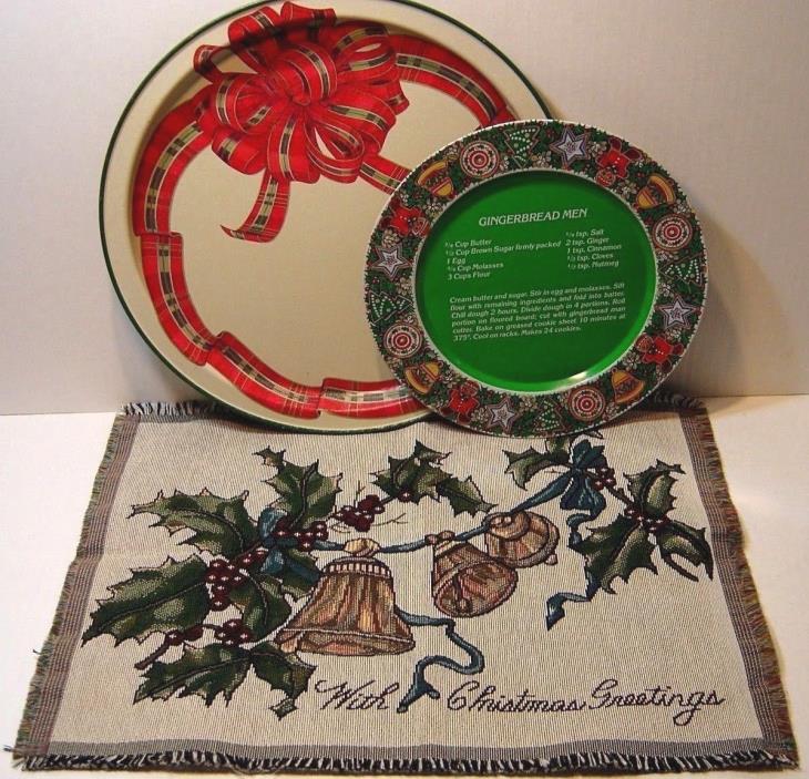 LOT OF 3 CHRISTMAS KITCHEN DECORATIONS- 2 TIN COOKIE PLATES & CHRISTMAS PLACEMAT