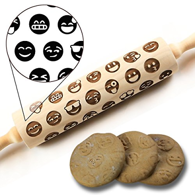 Cute Happy Emojis Pattern Embossing Rolling Pin, Laser Engraved Rolling Pin With