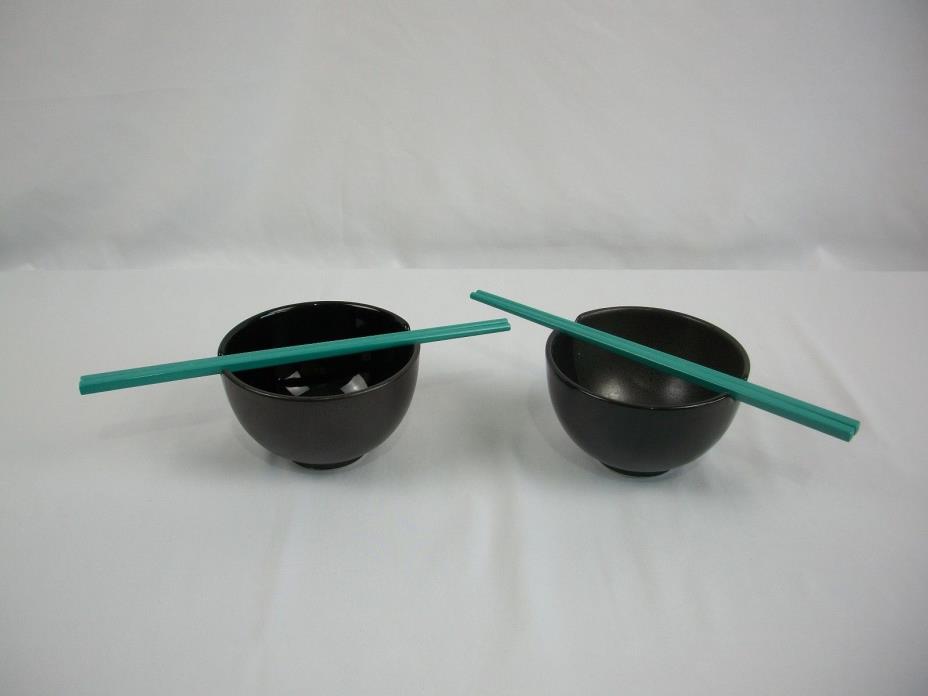 Pair of Black Japanese Bowls with Chopstick Rests
