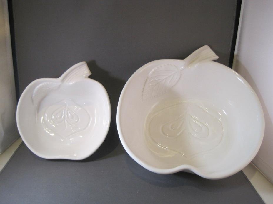 SET OF 2 WHITE CERAMIC APPLE SHAPED SERVING BOWLS LARGE AND SMALL