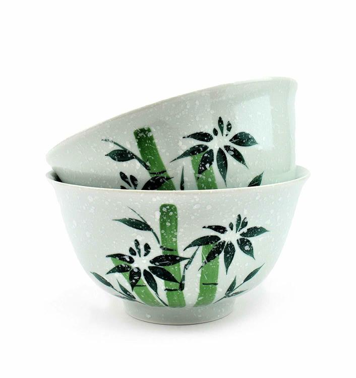 [Set of 2] Porcelain Japanese Bowls Hand-Painted Green Bamboo for Ramen Noodle