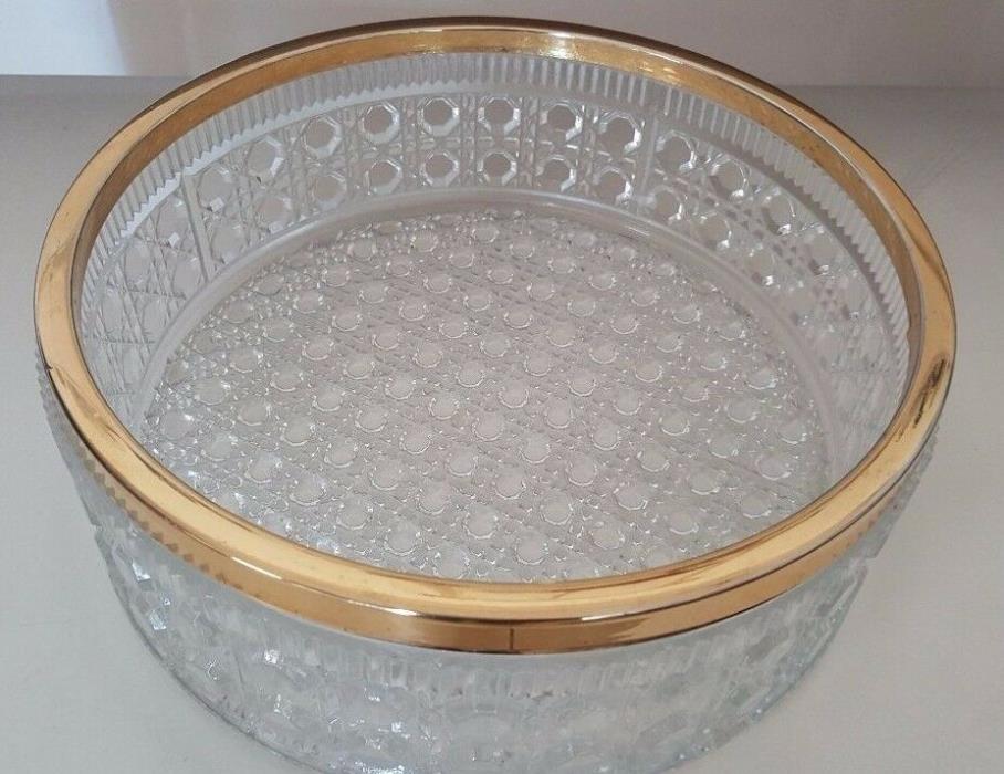 8 INCH CLEAR GLASS ROUND BOWL WITH GOLD RIM HOBNAIL AND BUBBLES DESIGN 5 LBS