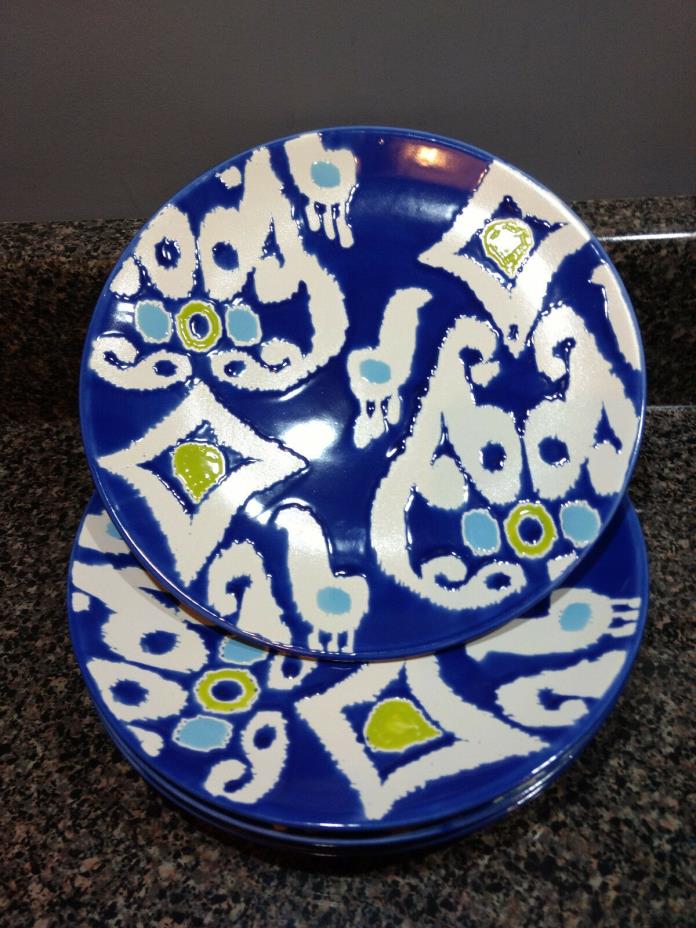 Rachael Ray Ikat Salad Plate White Blue Green Print Hand-painted Set Of 4