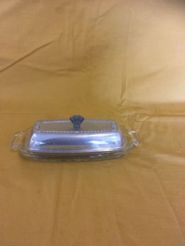 Vintage Butter Dish, Glass Tray two handles with Covered aluminum lid    H