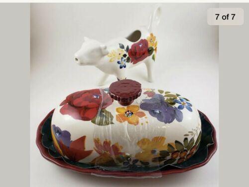 The Pioneer Woman TIMELESS FLORAL Butter Dish & Cow Creamer  Only Used For Dec