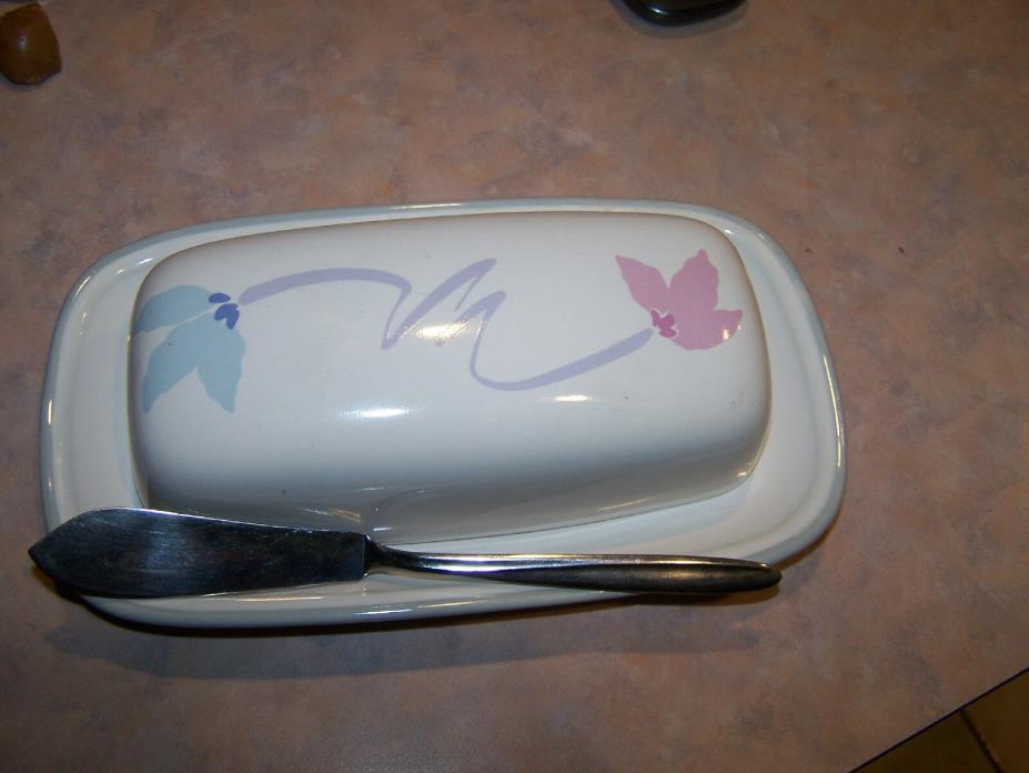 Pink Blue Floral Off White Butter Dish Thailand w knife Studio Nova Double Up
