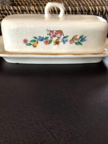 Butter Dish Beige With Cow And Flowers