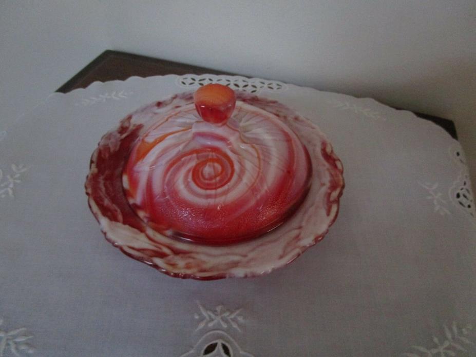 Vintage Red White Slag Glass Butter Dish Candy Bowl Imperial Glass Excellent