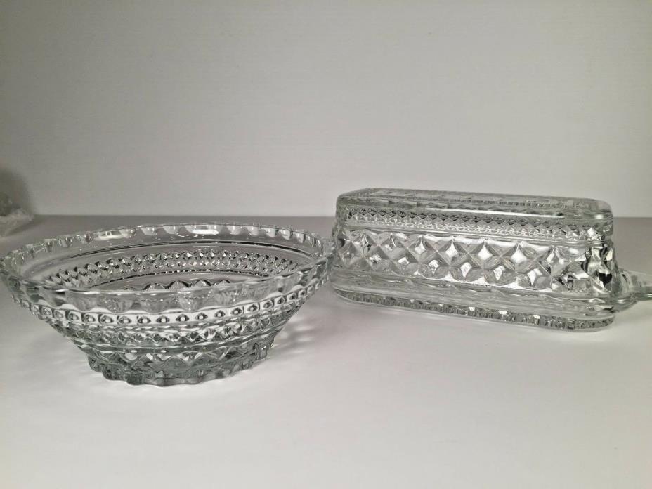 Vintage Crystal Glass Covered Butter Dish And Matching Bowl Diamond Cut