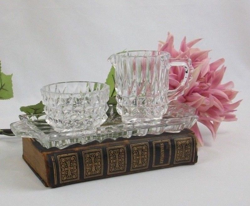 Vintage Crystal Cream and Sugar Service Set with Tray
