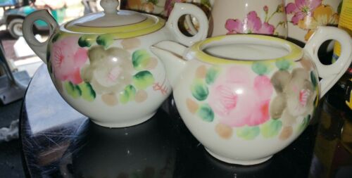 VINTAGE HAND-PAINTED PORCELAIN SUGAR AND CREAMER SET, FLORAL DESIGN. STAMPED