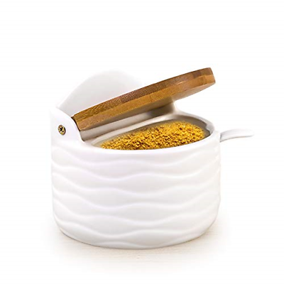 Ceramic Sugar Salt Bowl with Banboo Lid and Spoon, LUCKY GODDNESS 9.1 fl oz Box