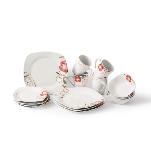 P&T Royal Porcelain Rose Square 16-Piece Dinnerware Set Service for 4 White