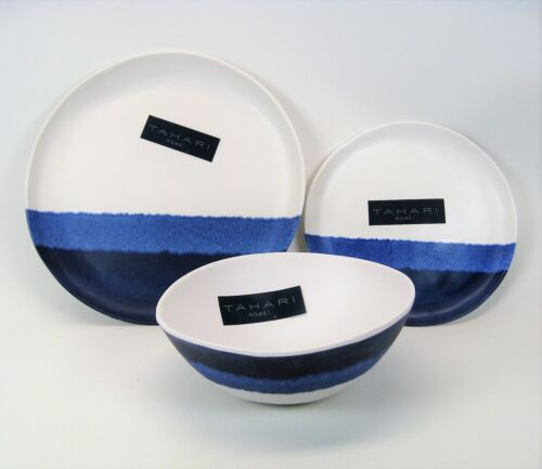 Tahari Melamine 12 Piece Set Dinner Salad Plates Bowls Blue Watercolor Stripe
