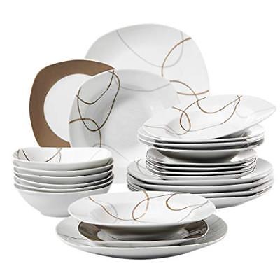 VEWEET 24-Piece Porcelain Dinnerware Set Brown Lines Patterns Plate Sets with Di