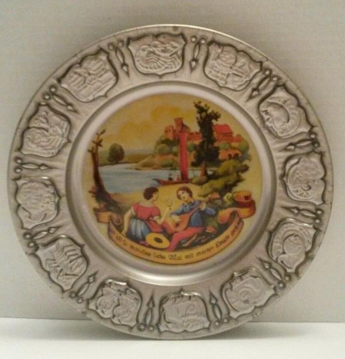 Vintage German Dining Hall Theater Plate Metalware with Artwork Center