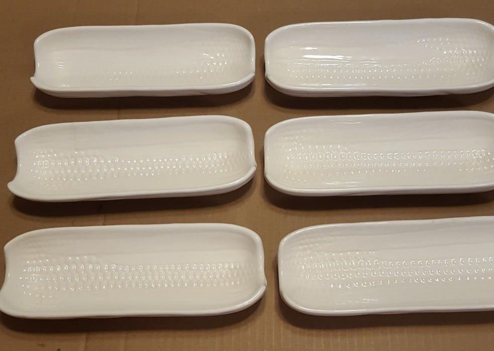 Vintage 6 Pc Set Off White Ceramic Corn On The Cob Holder Serving Dish