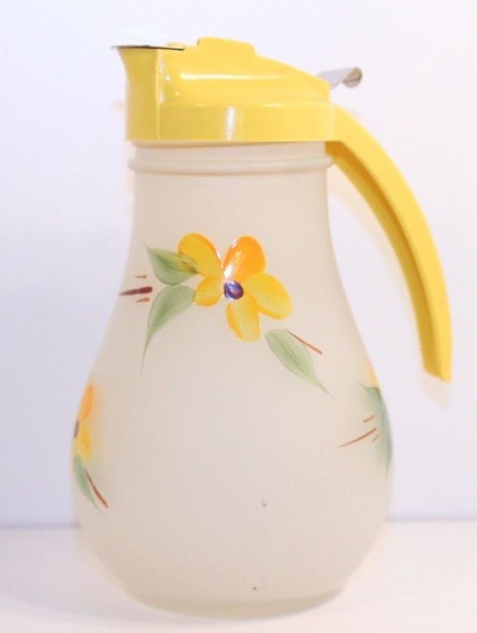 Dripcut Yellow Top Glass Syrup Pitcher Dispenser Vintage Hand Painted Gay Fad