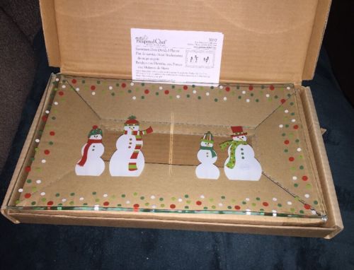 Pampered Chef 3012 Snowmen Dots Divided Platter glass NEW Christmas Retired