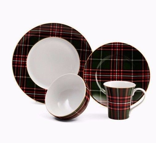 222 fifth Wexford Plaid Green 16 PC Dinnerware Set Serving For 4 New