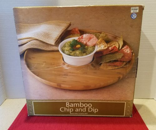 Bamboo Chips and Dip Platter Server with Ceramic Dish. Tray 13-Inch around NIB