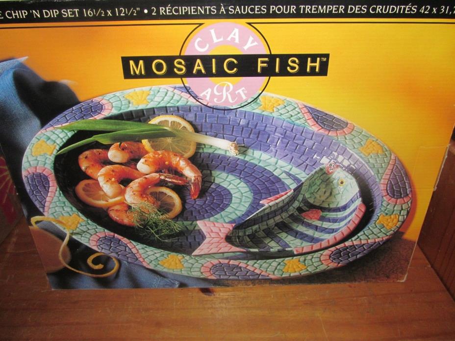 Clay Art 1995 Mosaic Fish  Chip & Dip Serving Platter  Set ( New )