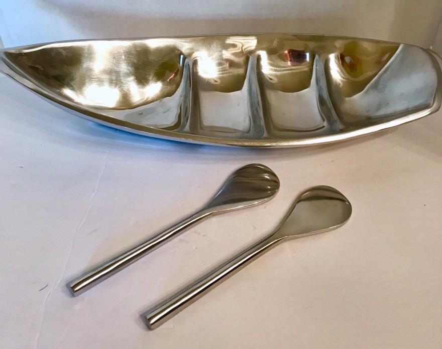 Serving Tray Platter Boat Large Pewter With 2 Spoons Salad Gorgeous
