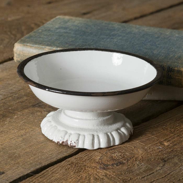 Small Pedestal Enamelware & Cast Iron Dish for Display & Candles White W/ Black