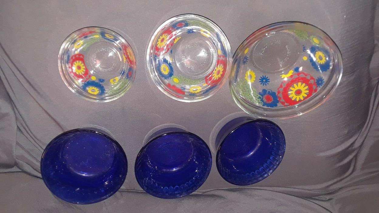 Glass Small Bowls 3 Colorex Blue-Brazil & 3 Bowl Set Flowers Mulit Functional