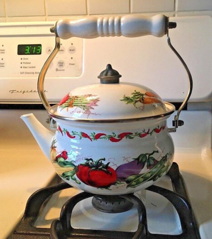 Vintage Teapot Kettle Enamel Metal Pot Vegetable Pattern Excellent Condition