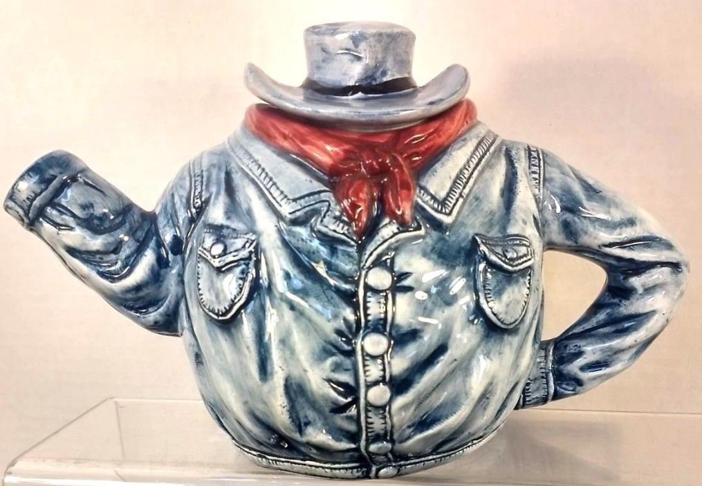 Cowboy Denim Western Shirt/ Cowboy Hat Tea Pot Stand 5 1/2in Tall Pre-Owned