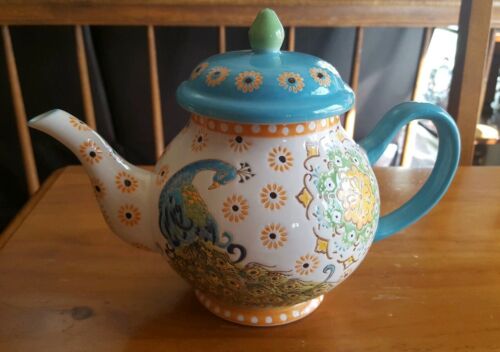 DUTCH WAX Hand painted Multi-Colored Peacock Ceramic Teapot by Coastline Imports