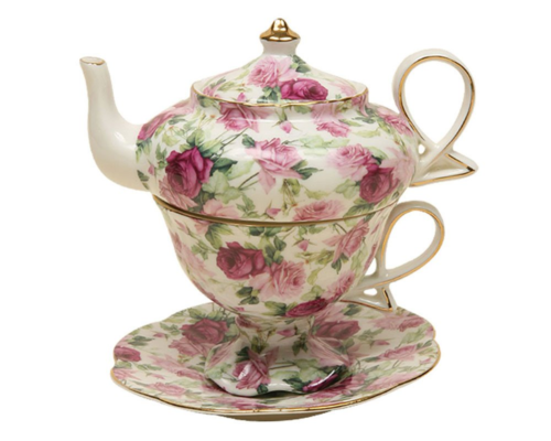 Gracie China by Coastline Imports 4-Piece Porcelain Tea for One, Stacked Teapot