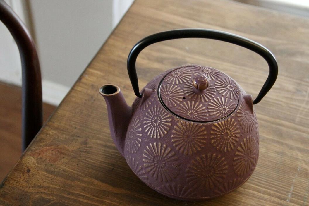 World Market Teapot Cast Iron Purple And Gold Brewing With Sieve