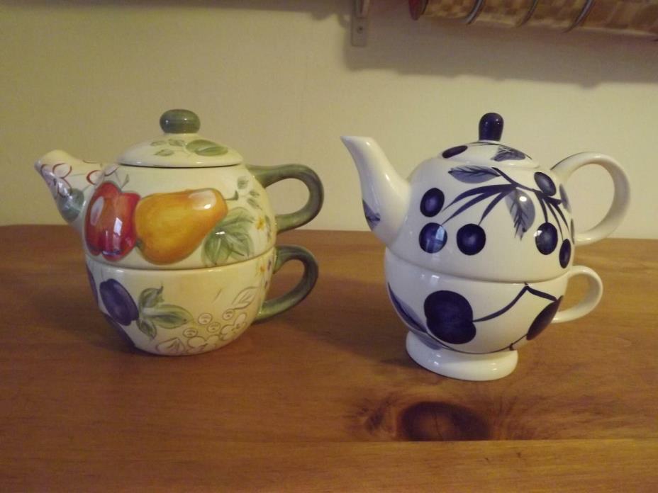 3 PC SET CERAMIC TEAPOT AND CUP STACKABLE U CHOOSE FRUIT or BLUE & WHITE