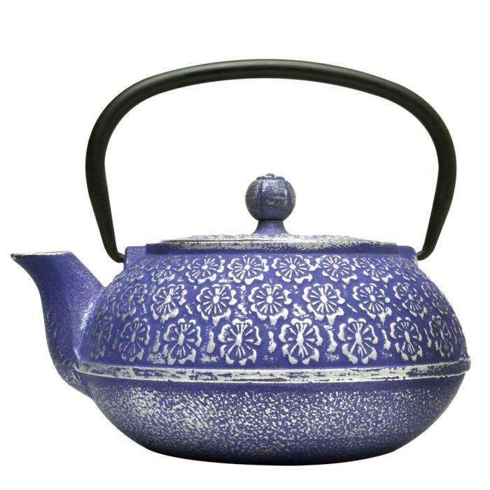 Primula Cast Iron Teapot | Blue Floral Design w/Stainless Steel Infuser,34 oz