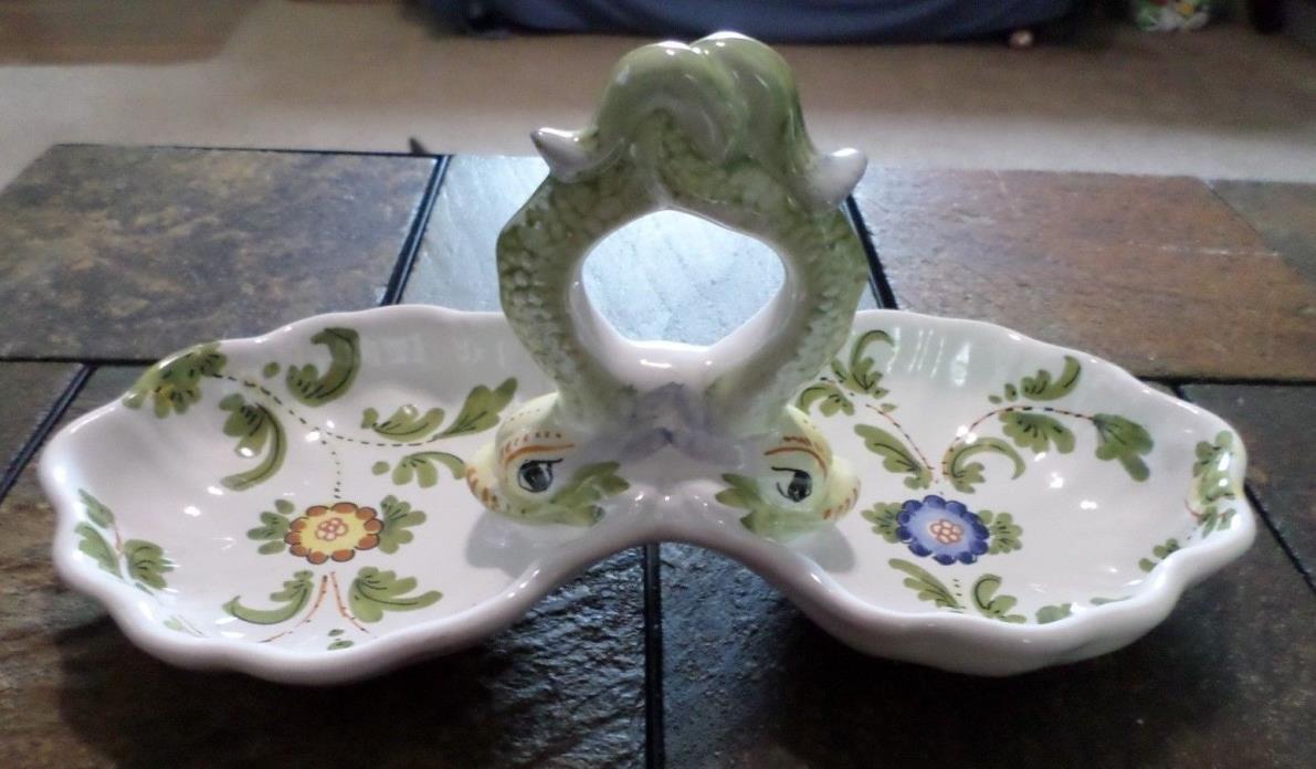 Double Relish Dish Tray Made in Italy ~Entwined Dolphin Handle, Painted Flowers