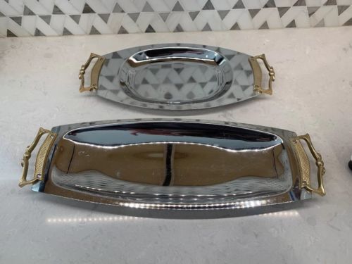 Vintage Kromex Serving Tray Lot of 2 Silver And Gold