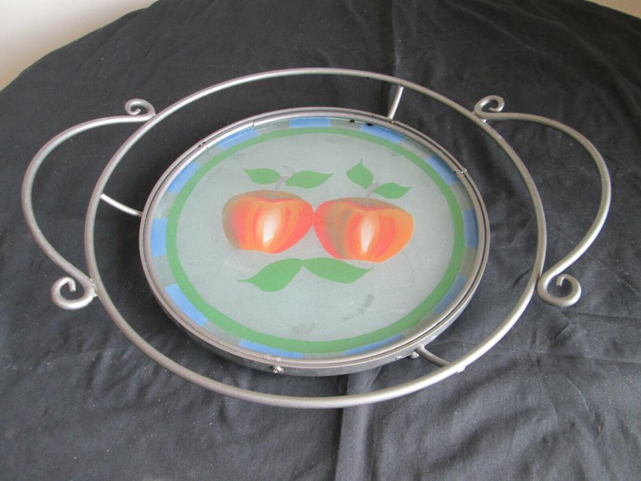 Vintage Metal Frame Glass Bottom Tray Hand Painted - Apples