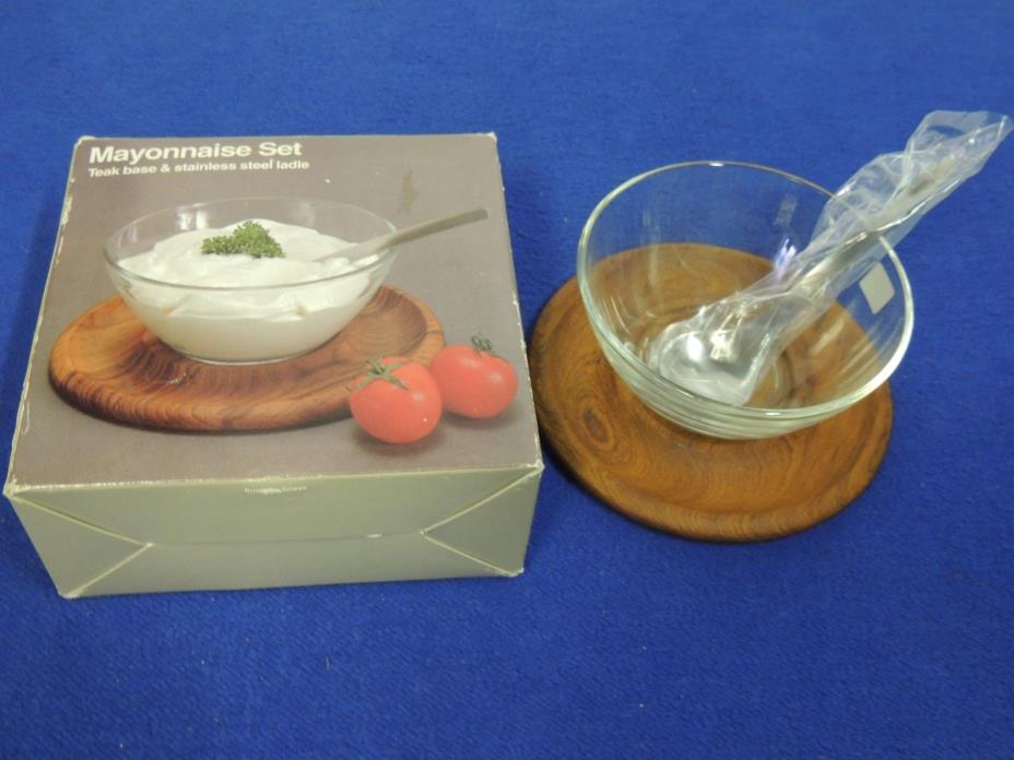 Vintage Danish Modern Teak Condiment Set Stainless Steel Ladle Glass Bowl NIB