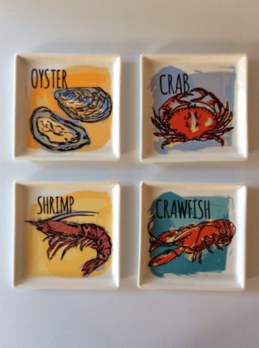 4 Seafood Appetizer Plates ~Crab, Oyster, Shrimp, Crawfish~ Parish Brand