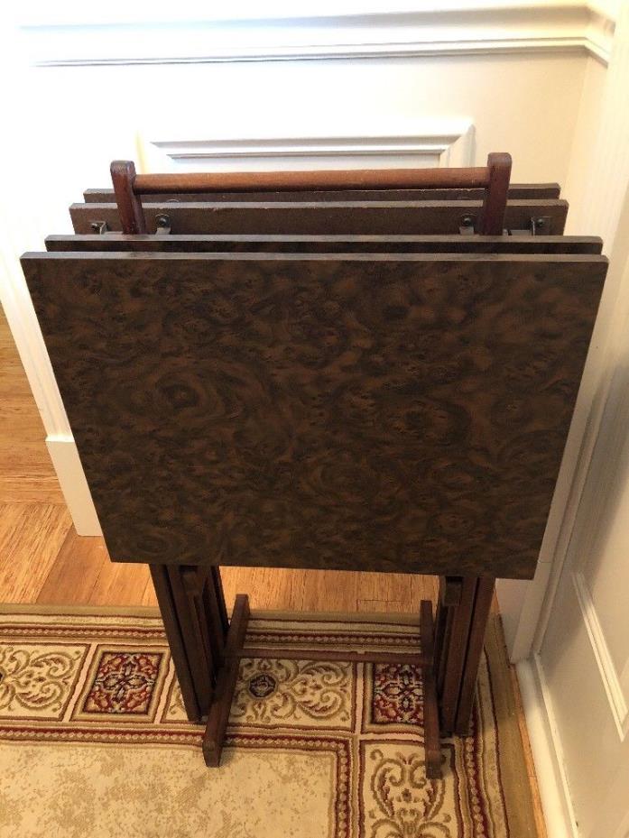Vintage Mid Century Modern Folding Table Set Serving TV Trays Antique Wood