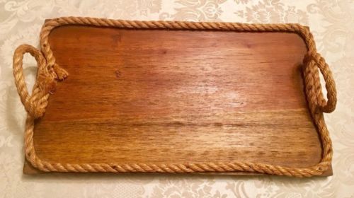 Rustic French Country Wood Serving Tray Farmhouse Decor Rope Handles Primitive
