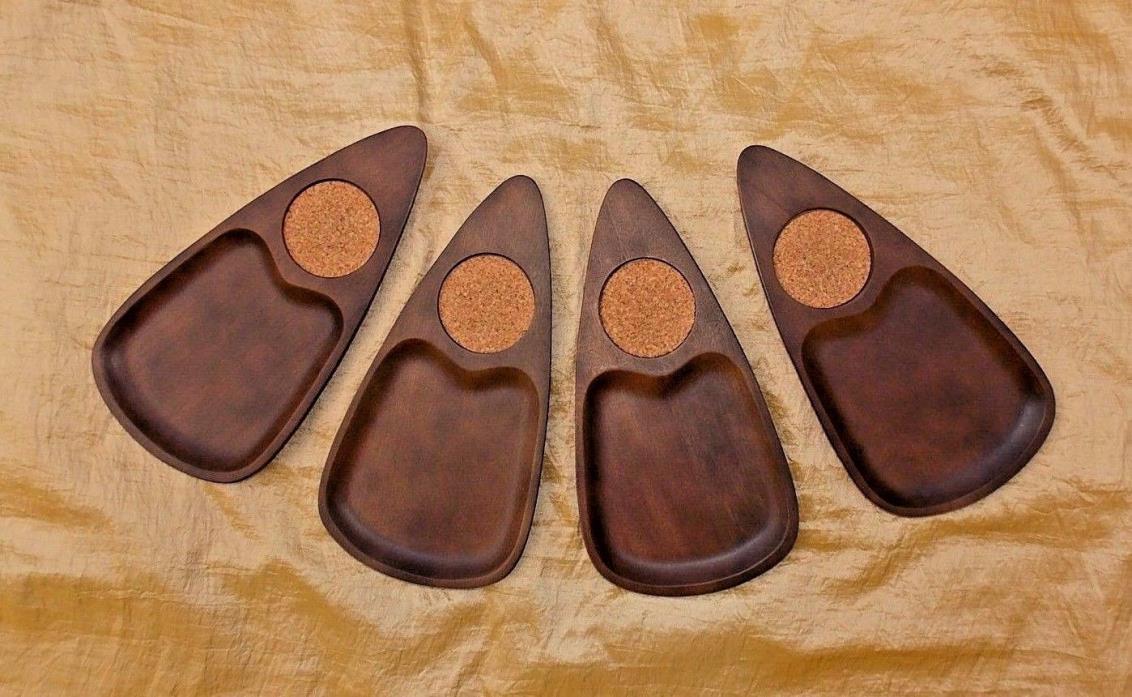 Vtg Mid Century Set 4 Serv Teak Wood Snack Trays Cork Coasters Japan Hand Carved