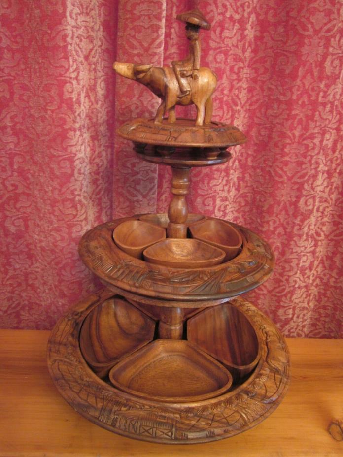 Vintage 3 Tier Lazy Susan Serving Tray Bowls Centerpiece Tiki Carved Wood 23.5